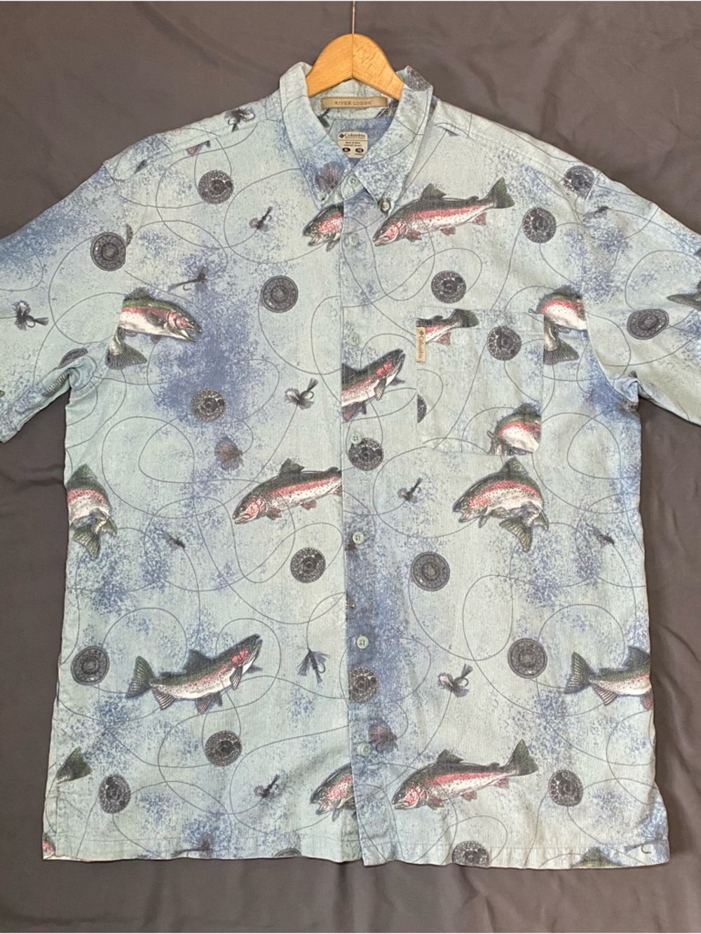Columbia River Lodge Shirt Men’s XL Fishing Trout Print Button Up Blue Outdoors